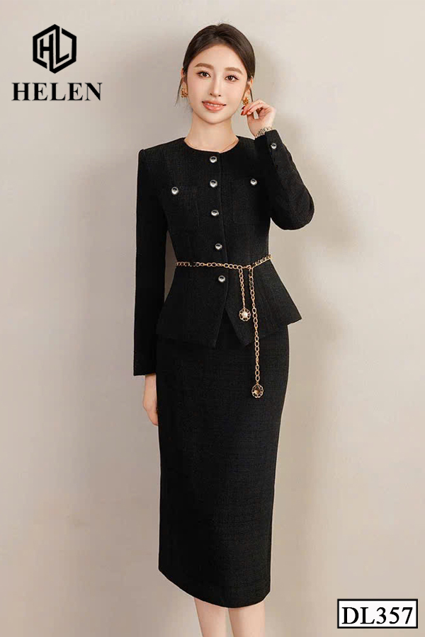 Đầm ôm peplum đen giả set đính cúc ngực DL357