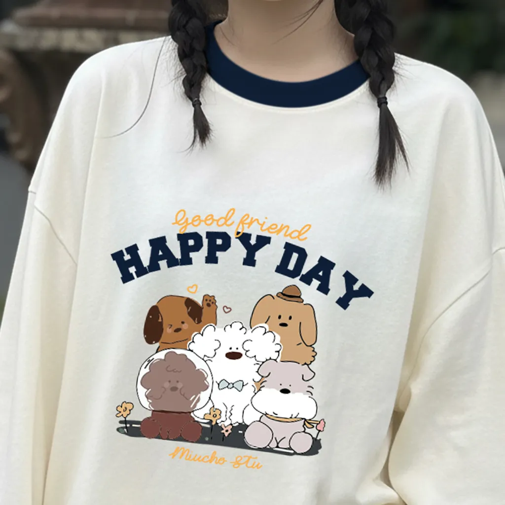 Áo thun form boxy unisex Miucho thoáng mát mềm mại thoải mái tay dài phối cổ gia đình cún 2808_thumbnail_7