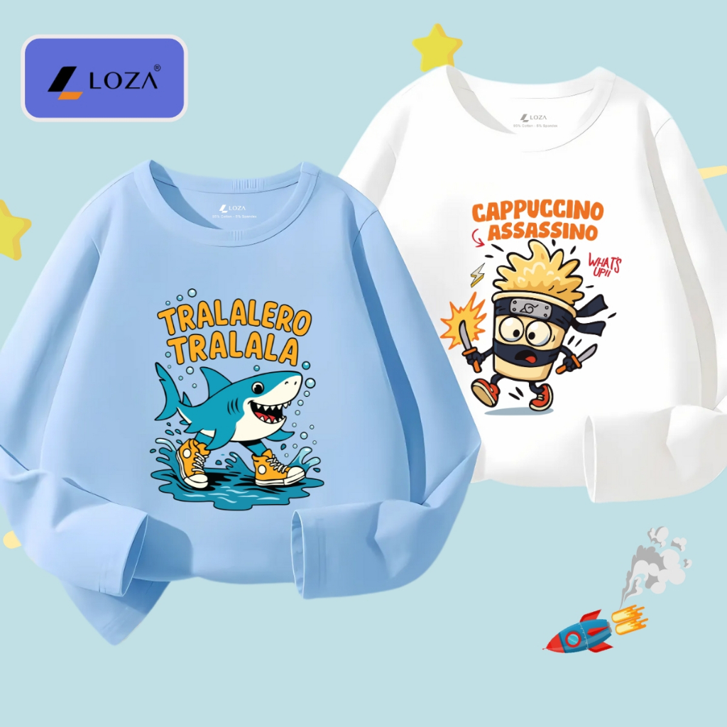 Áo thun dài tay bé trai in Brainrot Cappuccino,Tralalero Tralala - Áo thu đông trẻ em Loza Kids KT004