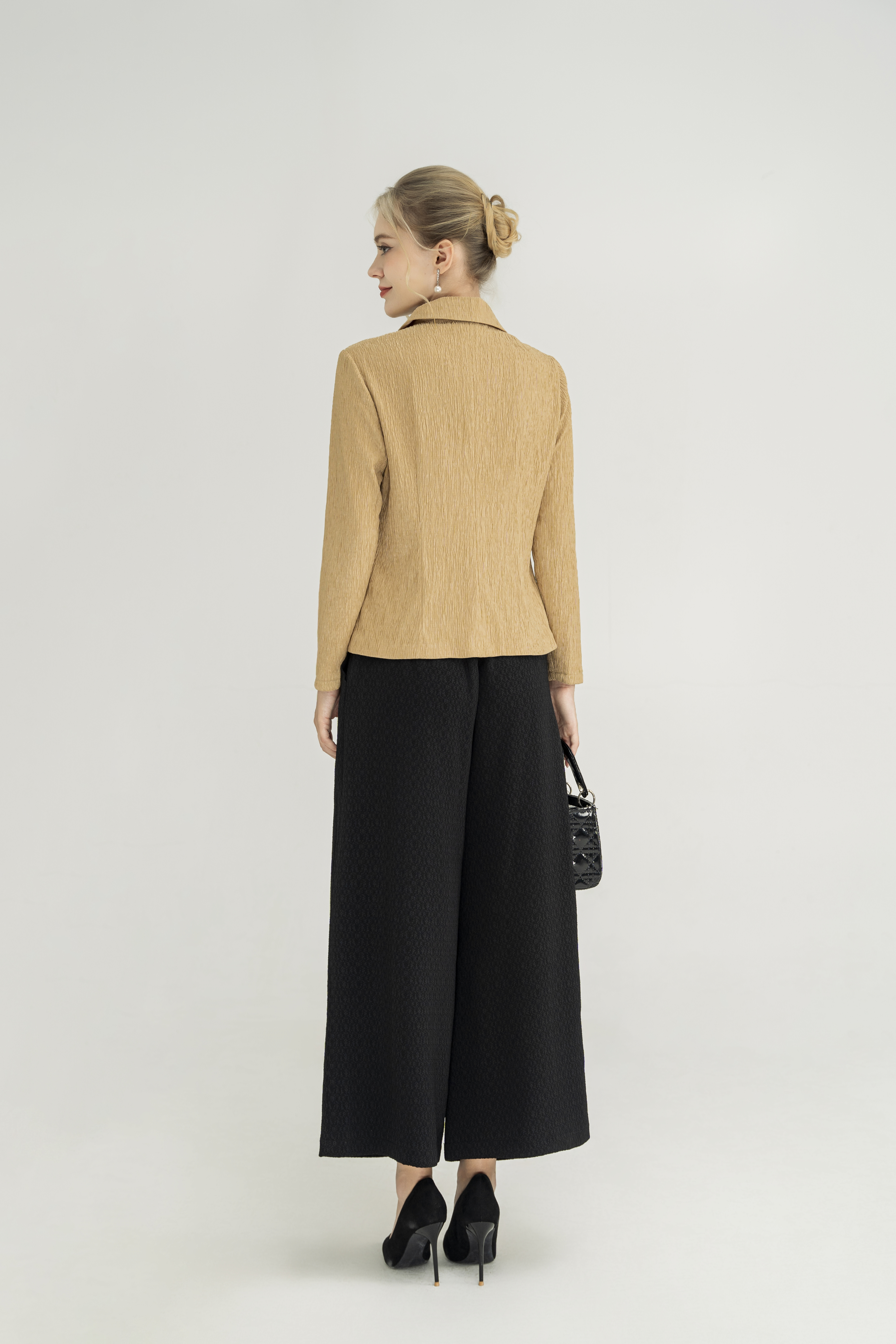 Áo sơ mi kiểu Vải thun gân 3D Cổ sơ mi cách điệu Tay dài Dài qua eo_thumbnail_4