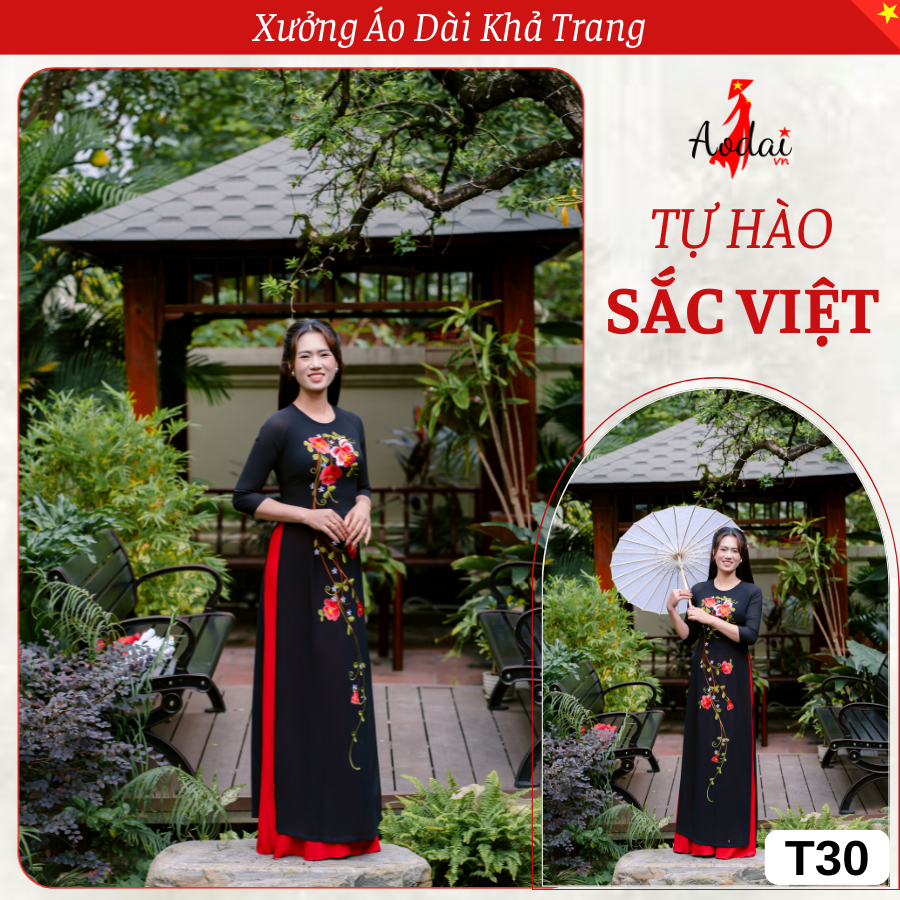 T30 Áo Dài Thêu Hoa đỏ Cánh Tròn thiết kế cổ Tròn Tay Lỡ_thumbnail_3