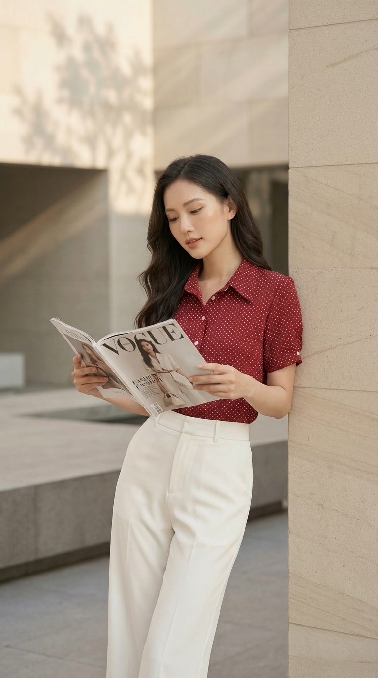 Áo sơ mi công sở TRALI 25106 chấm bi đỏ