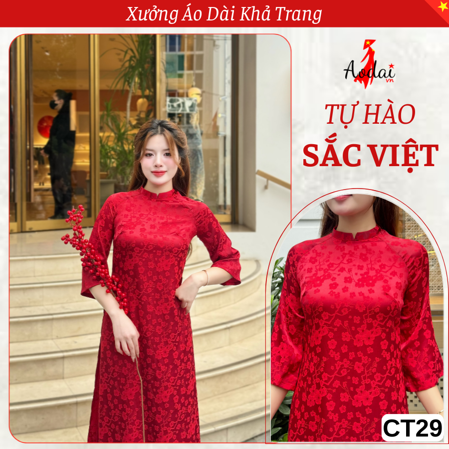 Bộ Áo Dài Cách Tân Gấm Dáng Suông Hoa Anh Đào màu Đỏ ĐÔ cổ Cao 2cm Tay Lỡ