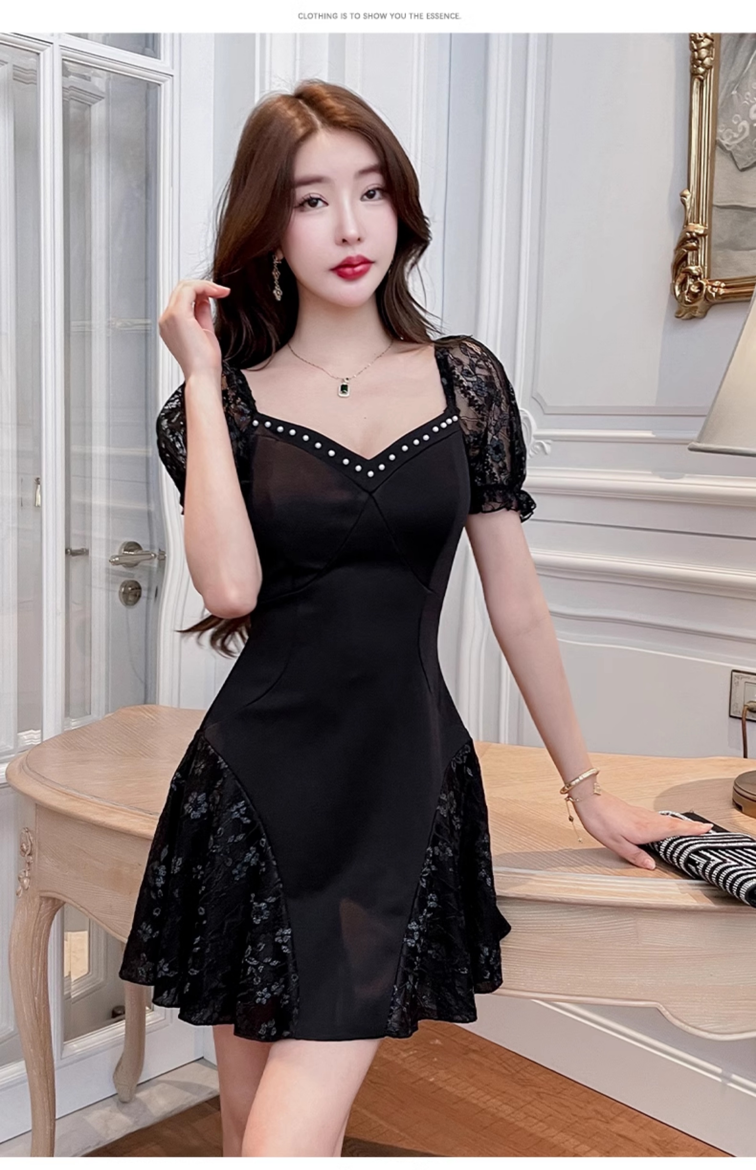 16027-Đầm xoè đen viền ren cổ phối  voan tay ( vải gold co giãn nhẹ, phối ren-dây kéo lưng)_thumbnail_3