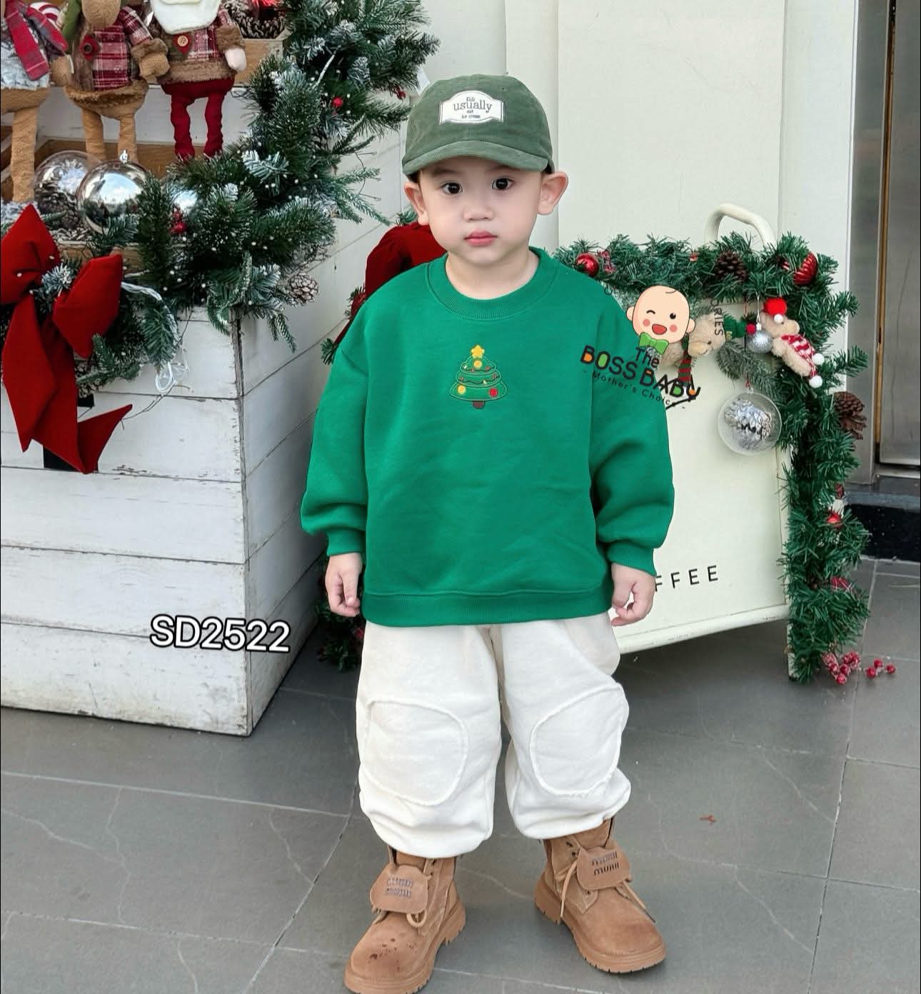 Set bộ nỉ bông xanh kem thêu cây thông