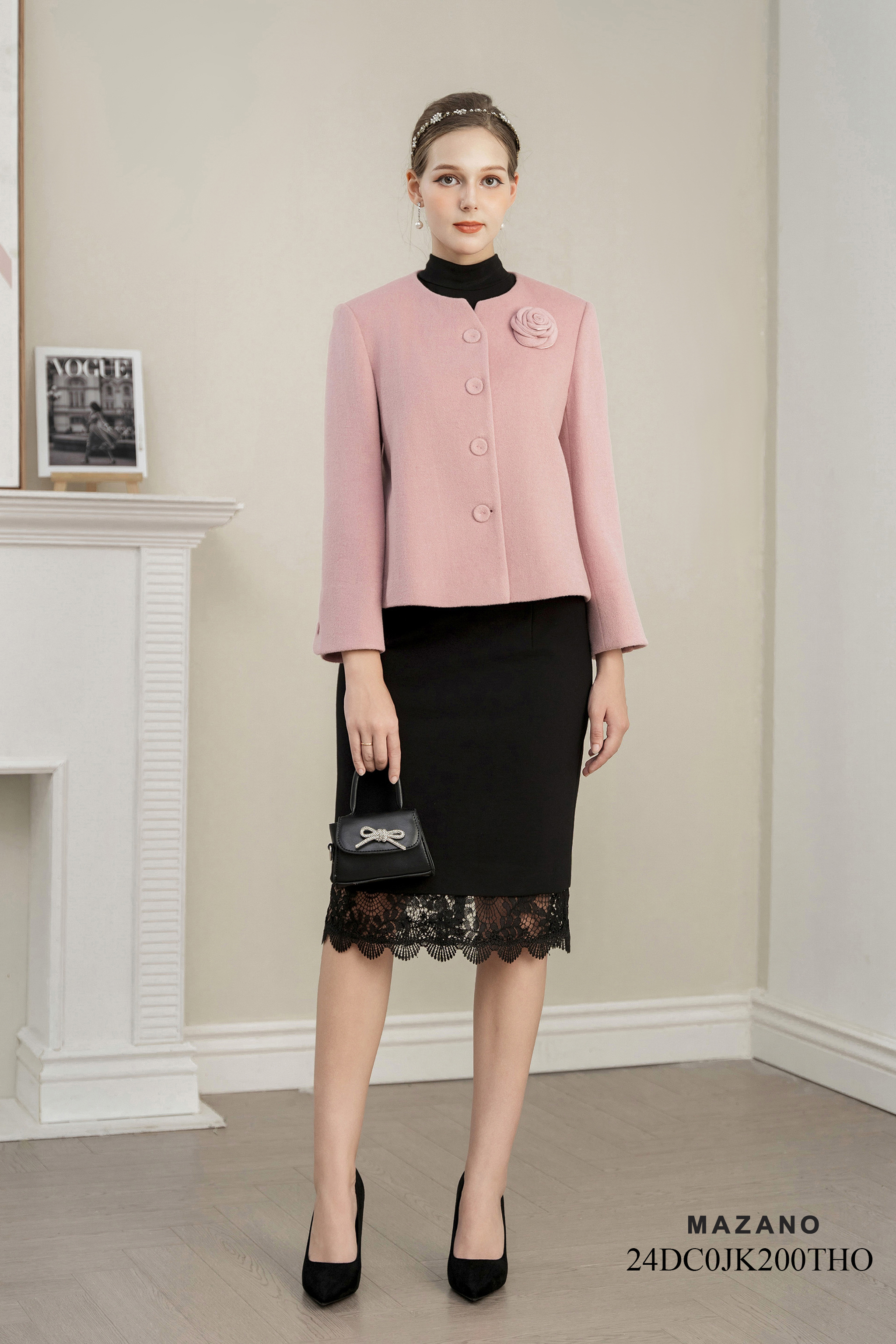 Áo khoác ngắn Vải dạ lông cừu Đính hoa thủ công Cổ tròn Tay dài Dài qua eo_thumbnail_0