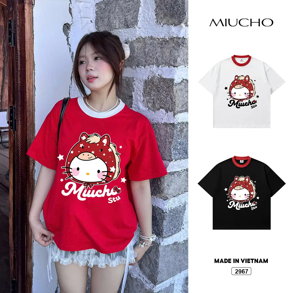 Áo thun nữ form boxy Tết Miucho thoáng mát tôn dáng Kitty phối cổ mix màu 2968