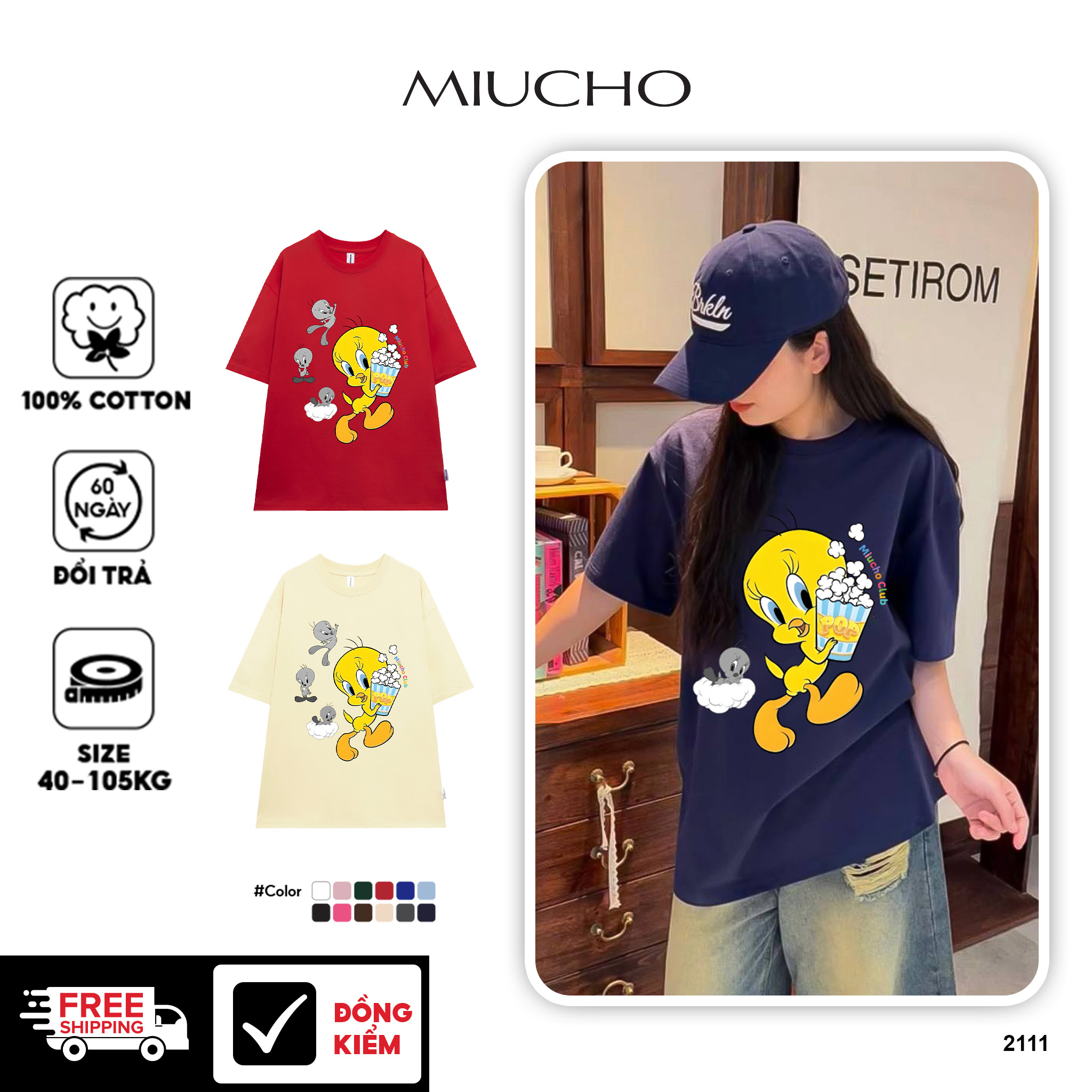 Áo thun nữ form rộng vịt vàng 2111 Miucho vải cotton 4c 220gsm cổ tròn in mix