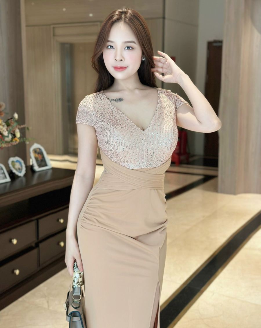 Đầm dạ hội phối Sequin cổ V chéo eo xẻ đùi sang trọng_thumbnail_5