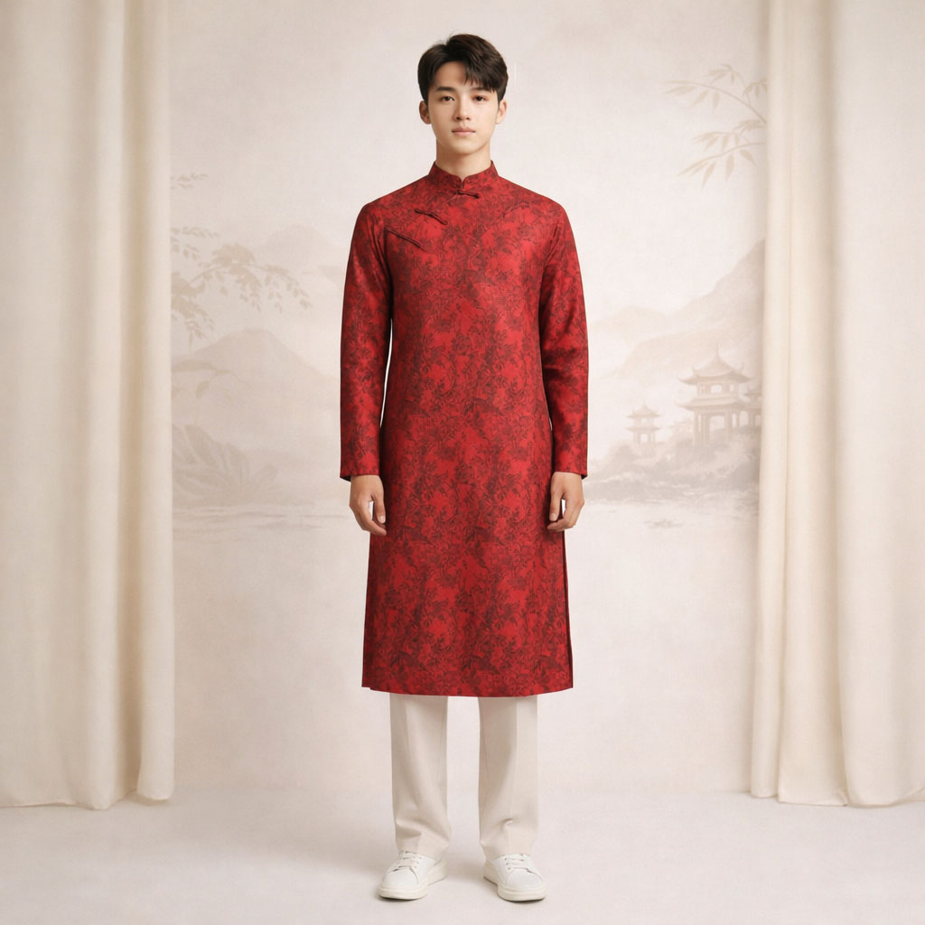 Áo Dài Nam Gấm Châu Sa Họa Tiết – Cách Tân Khóa Lưng Cúc Giả NA25-05