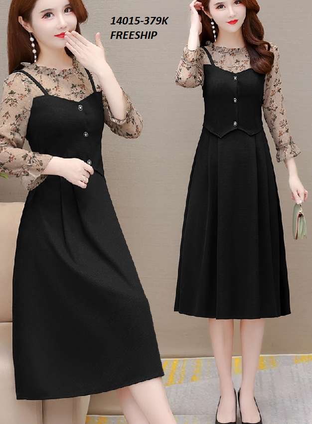 14015-Đầm xòe tay lửng phối voan hoa  cổ nhún viền ( thun mịn , voan in)FREESHIP_thumbnail_2