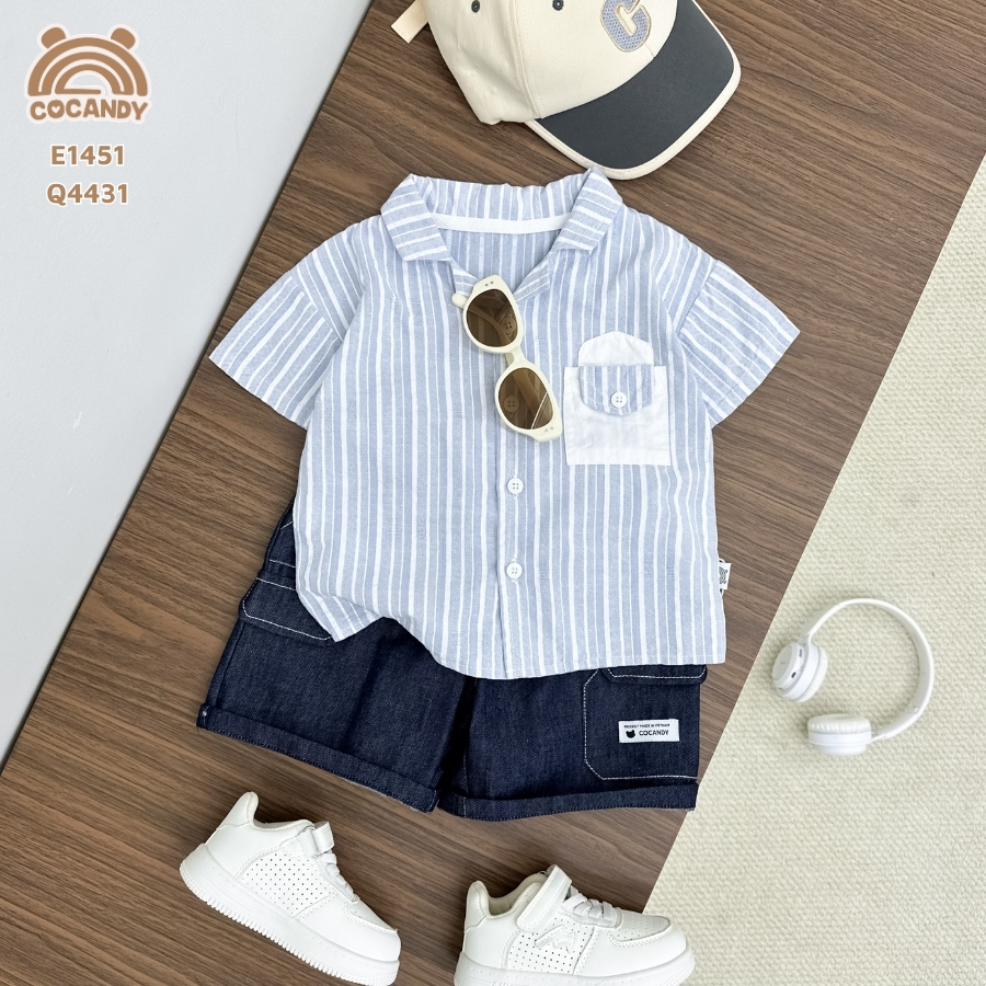 Áo cộc sơ mi kẻ XANH NHẠT túi ốp trắng