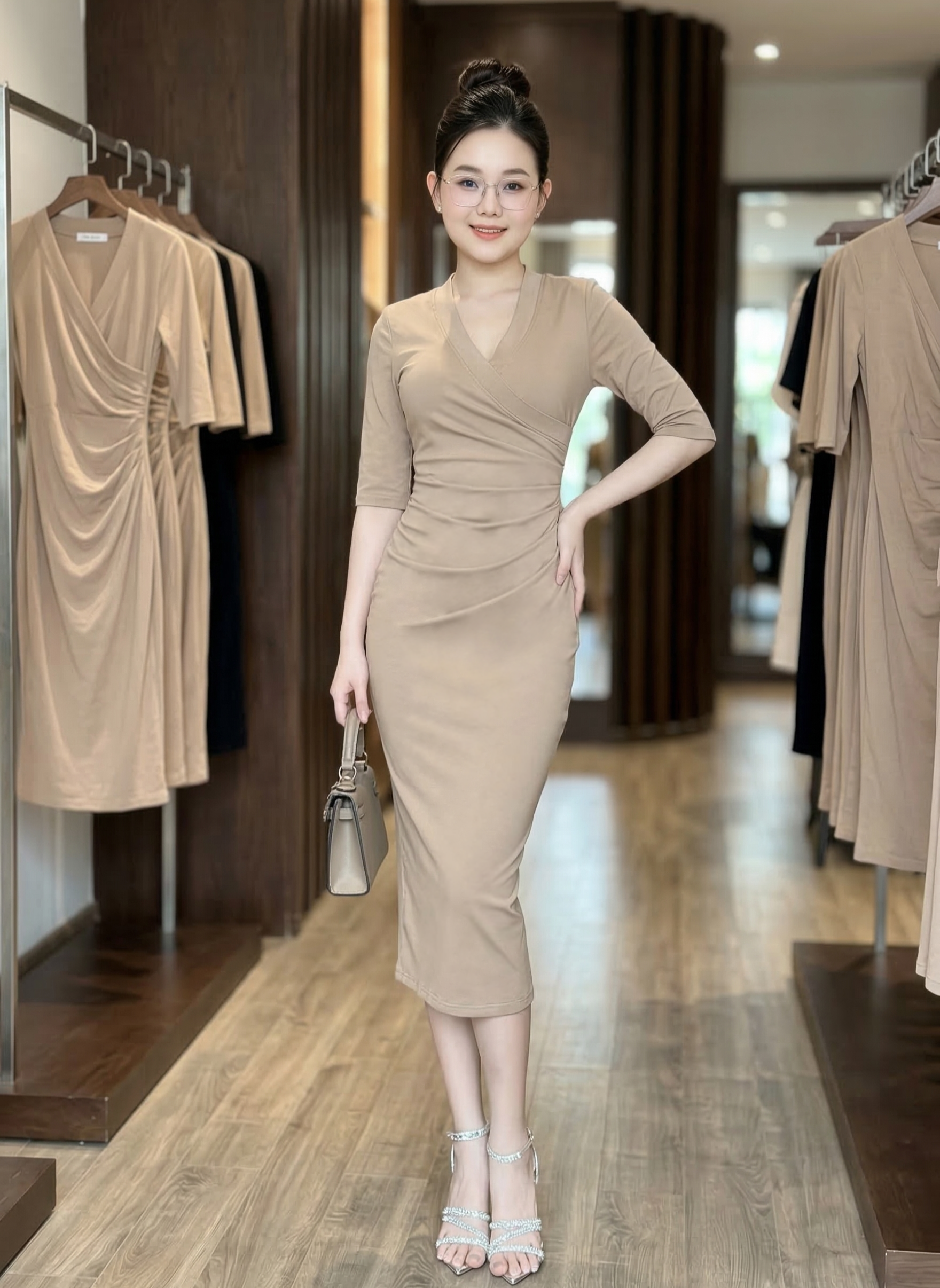 Đầm body nhún eo cổ V tay lỡ