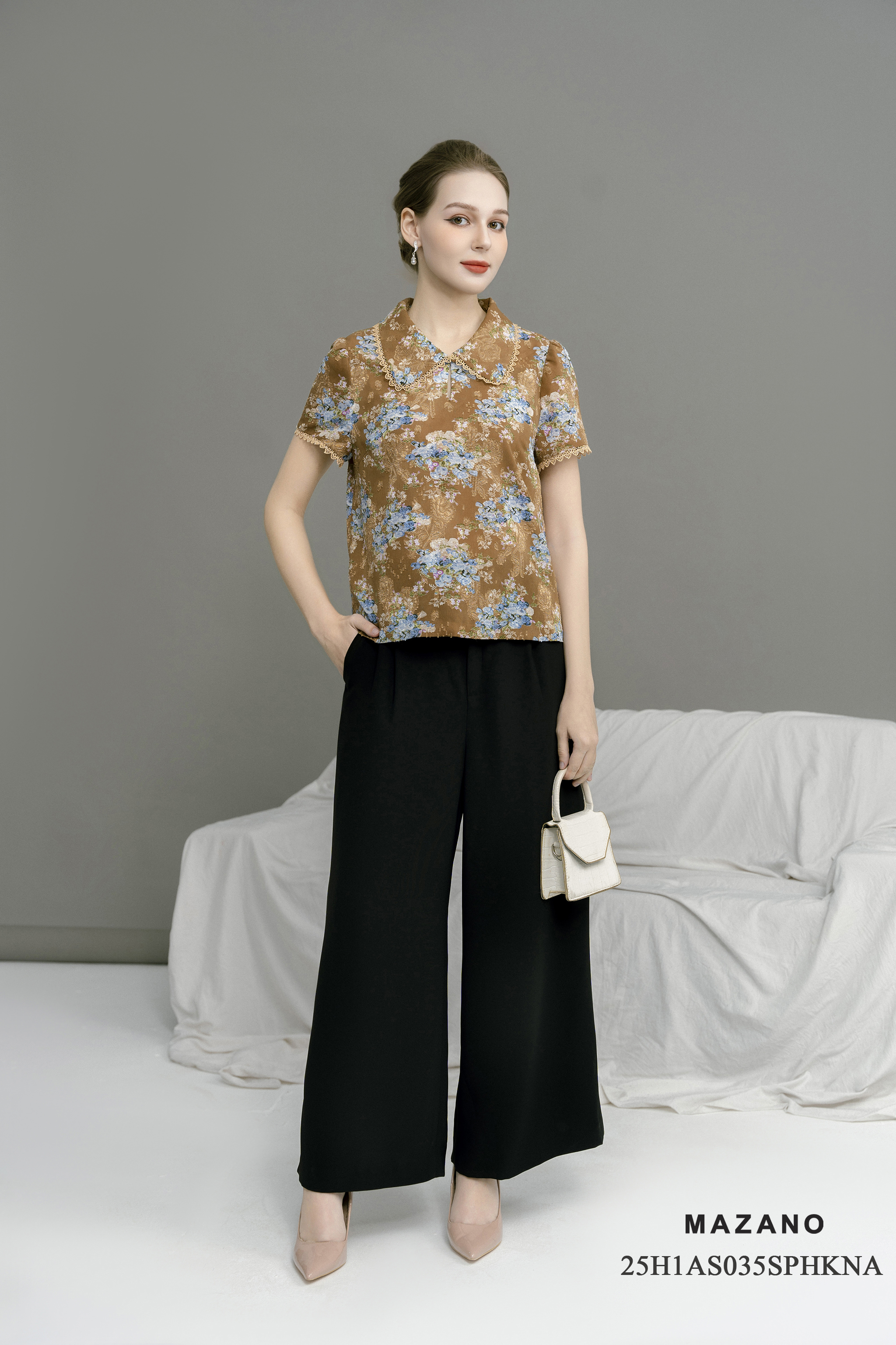 Áo top suông cài khuy Họa tiết hoa cách điệu Cổ bẻ Tay ngắn Dài dưới eo