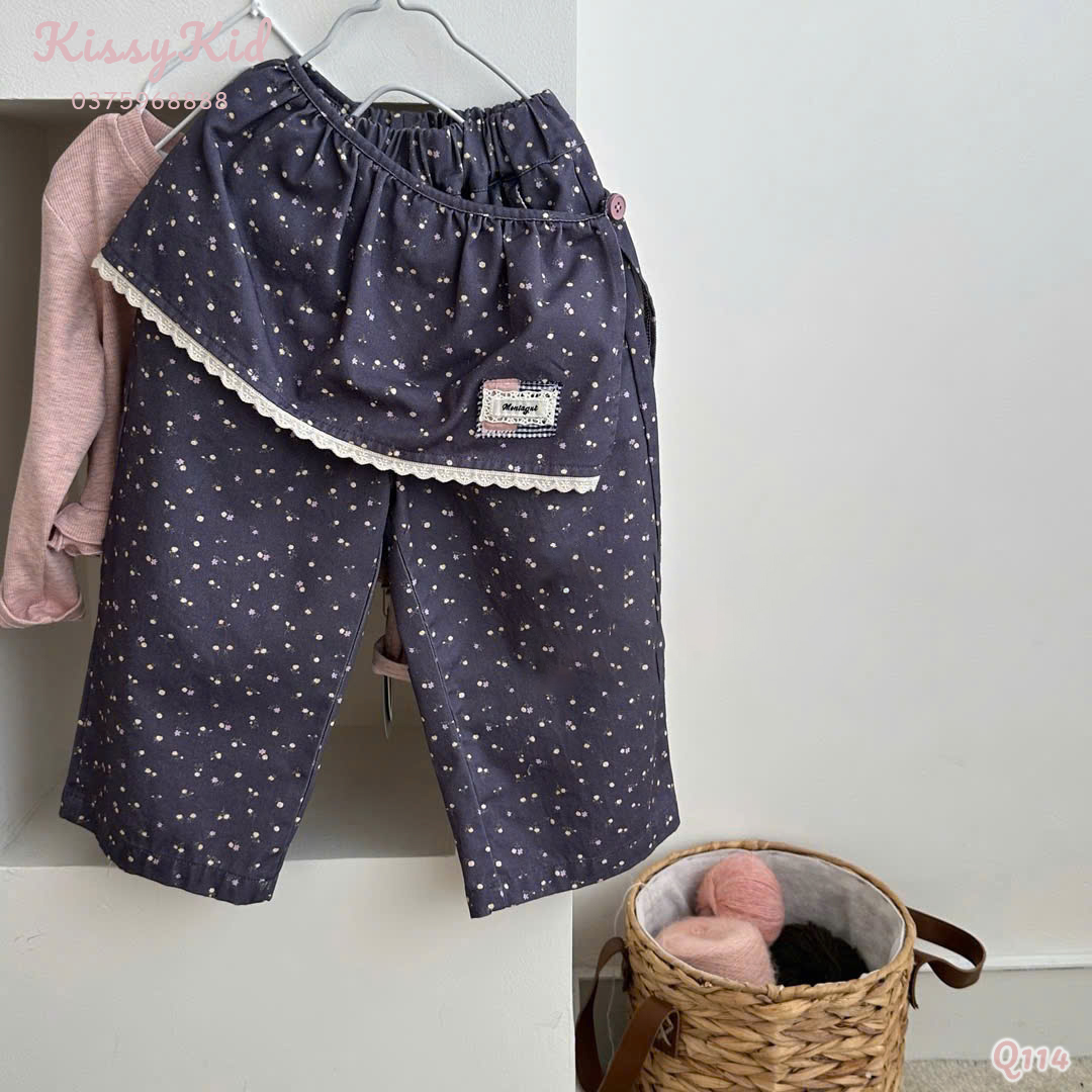 (Q114) Quần kaki xanh than chấm hoa nhí liền yếm viền ren Hey Mingxing_thumbnail_0
