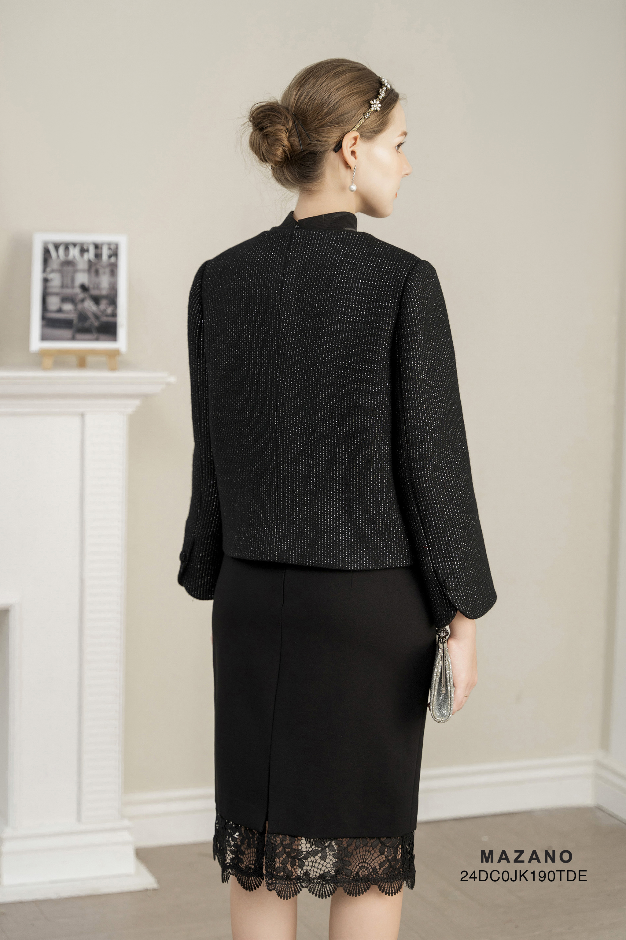 Áo khoác ngắn Vải dạ tweed Đính hoa thủ công Cổ trònTay dài Dài qua eo_thumbnail_6