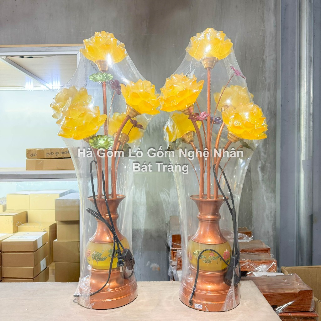 Đôi Đèn Hoa Sen Lưu Ly Chân Đế Hợp Kim 5 Bông Hoa Sen Nở - Nhiều Mẫu Sang Xịn - Hàng Nhập Khẩu_thumbnail_1