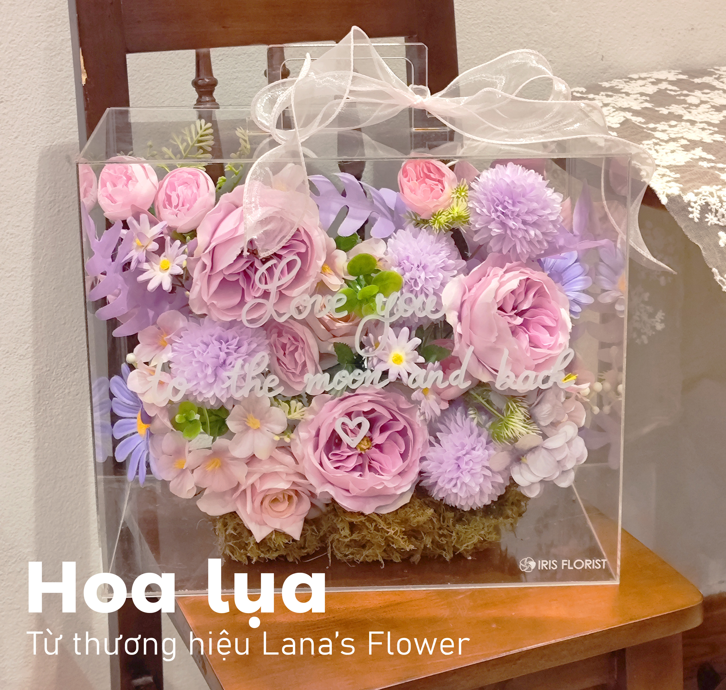 Hộp hoa lụa mica - tone tím hồng (30x35cm)