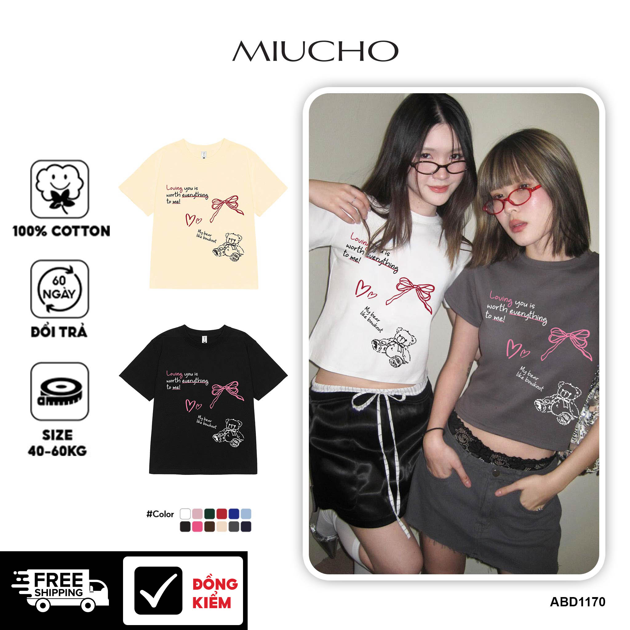 Áo thun baby tee nơ nhỏ xinh form ôm xinh xắn ABD1170 Miucho tay ngắn Cổ tròn hotrend in mix_thumbnail_1