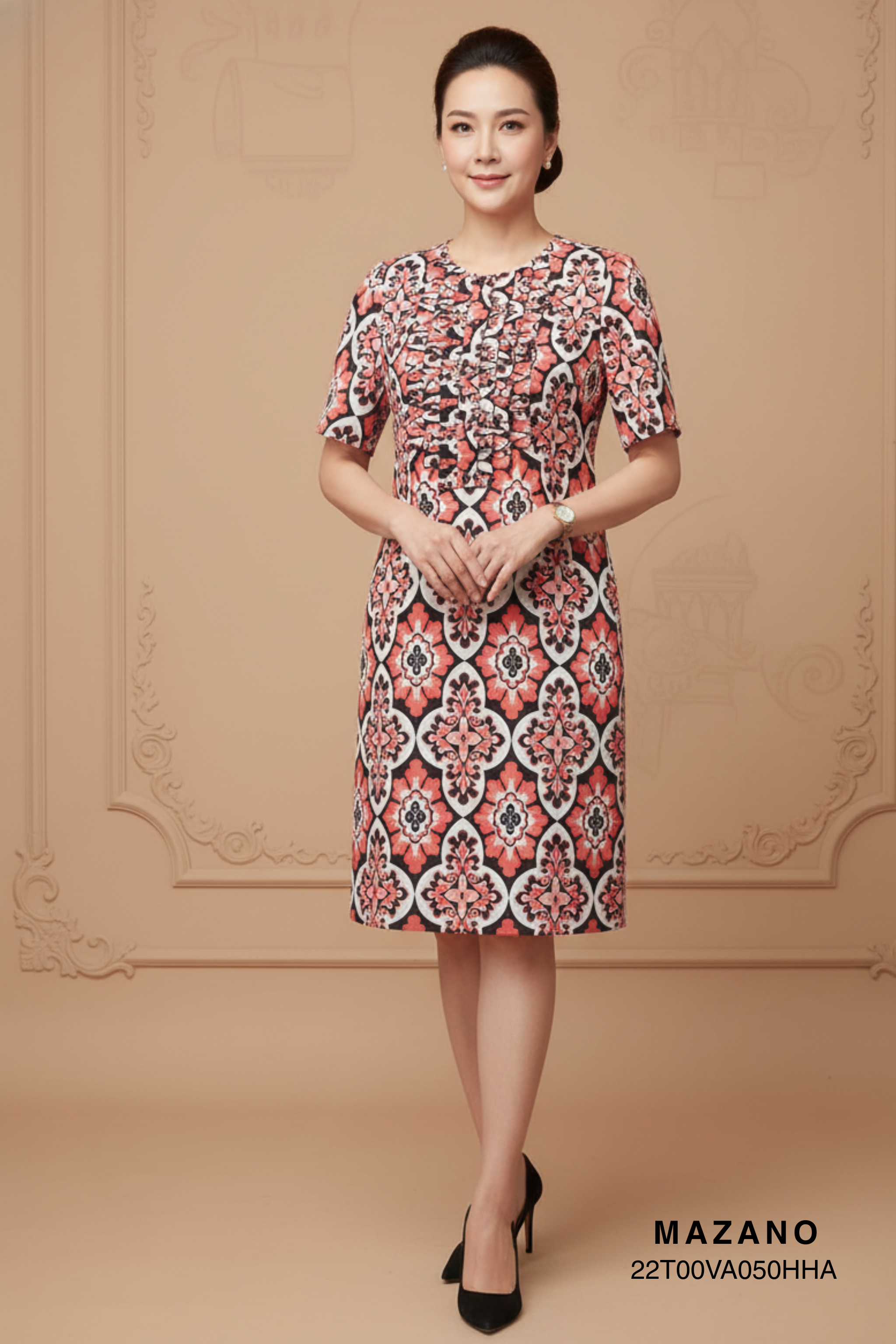 Đầm nữ họa tiết bèo cổ tay lỡ Mazano