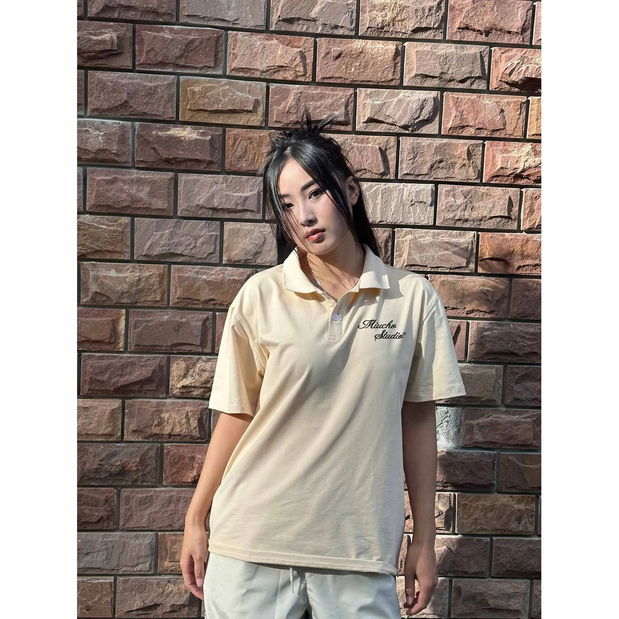 Áo polo unisex form oversize 2484 Miucho tay ngắn cổ trụ vải cotton thoáng mát cao cấp in typography_thumbnail_2