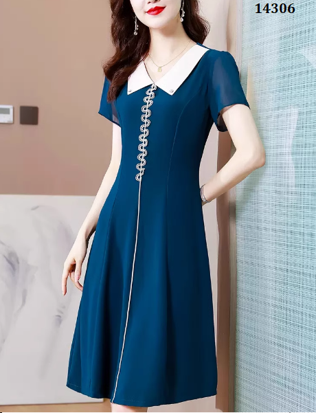 14306-Đầm suông A  màu xanh cổ  bẻ  trắng ( chéo nhật)_thumbnail_1