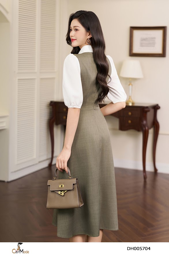 Đầm xòe rêu tay lỡ trắng cổ nơ cách điệu