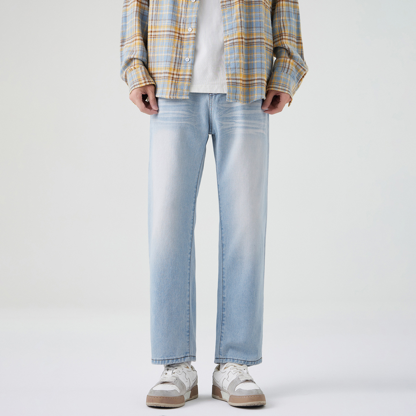 2025Quần jean nam thẳng màu nhạt mùa thu phong cách MỹcleanfitQuần crop đa năng có thiết kế sọc wash