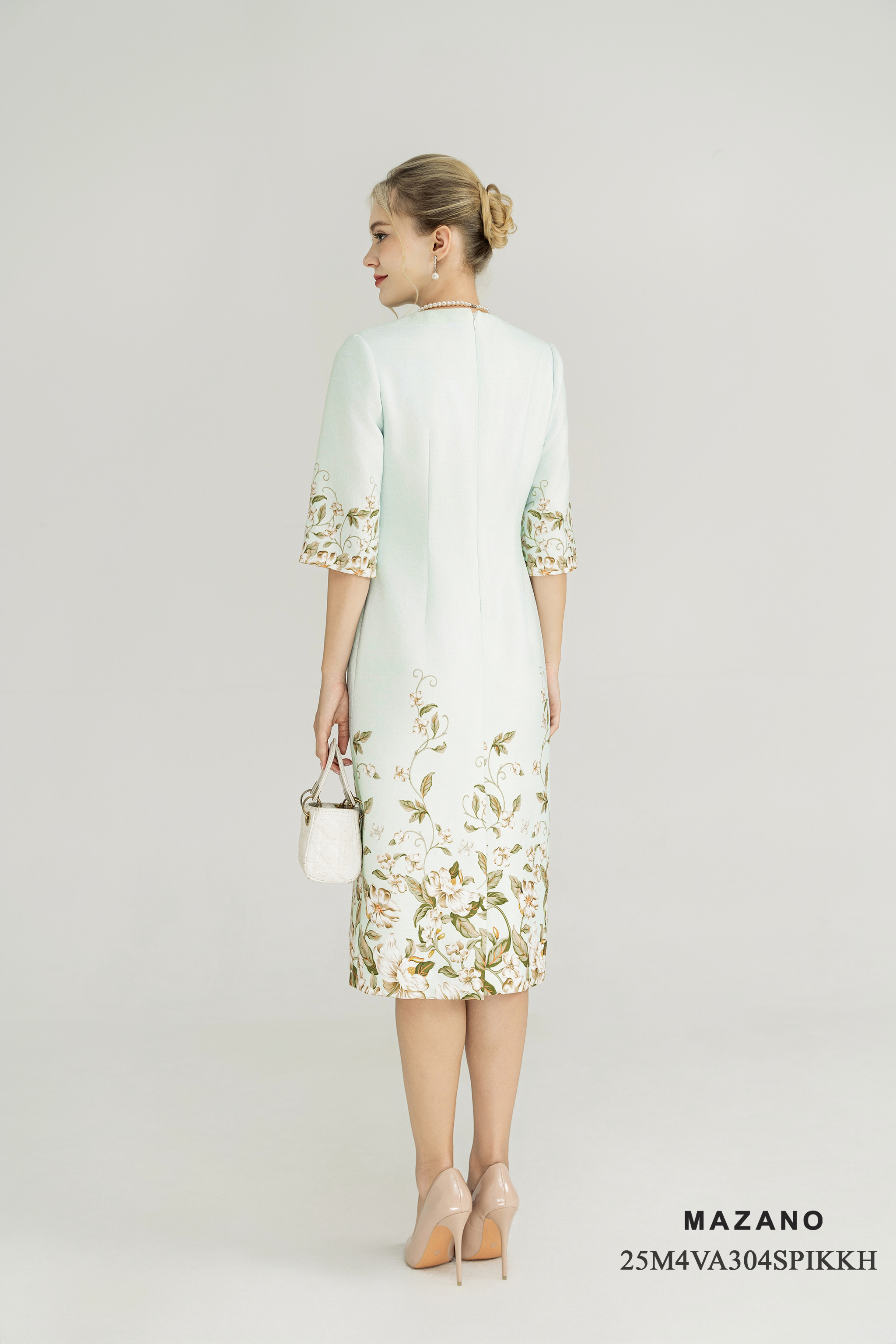 Váy Đầm Suông Vải tweed Hoạ tiết hoa cách điệu Cổ tròn Tay lỡ Dài qua gối_thumbnail_4