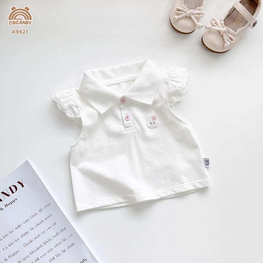 Áo cộc polo TRẮNG tay cánh tiên ren thêu thỏ_thumbnail_4