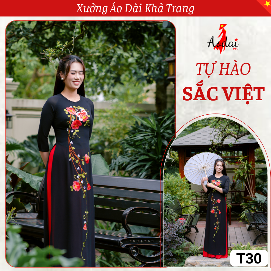 T30 Áo Dài Thêu Hoa đỏ Cánh Tròn thiết kế cổ Tròn Tay Lỡ_thumbnail_6
