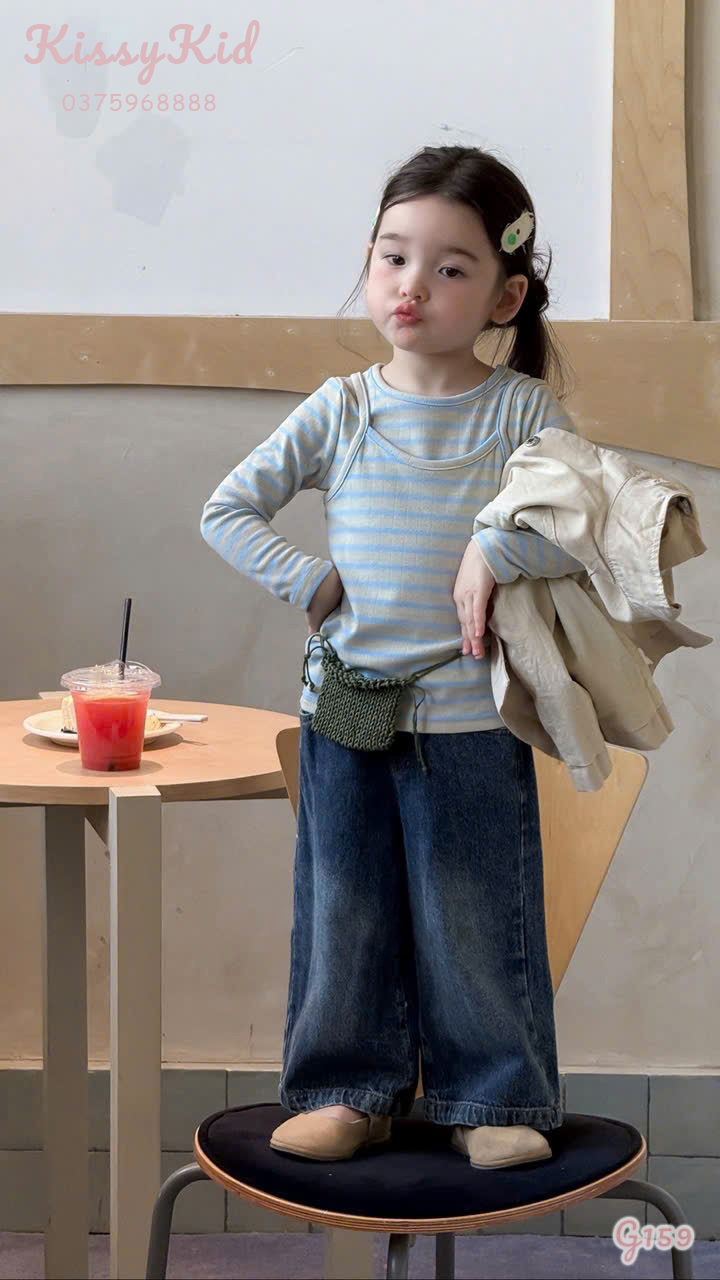 (G159) Áo thun kẻ xanh xám Yiyaya