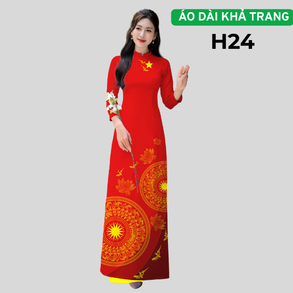 Áo dài Sao Vàng H24 họa tiết Trống đồng Sao Vàng Hoa Sen Cổ cao 2cm Tay lỡ