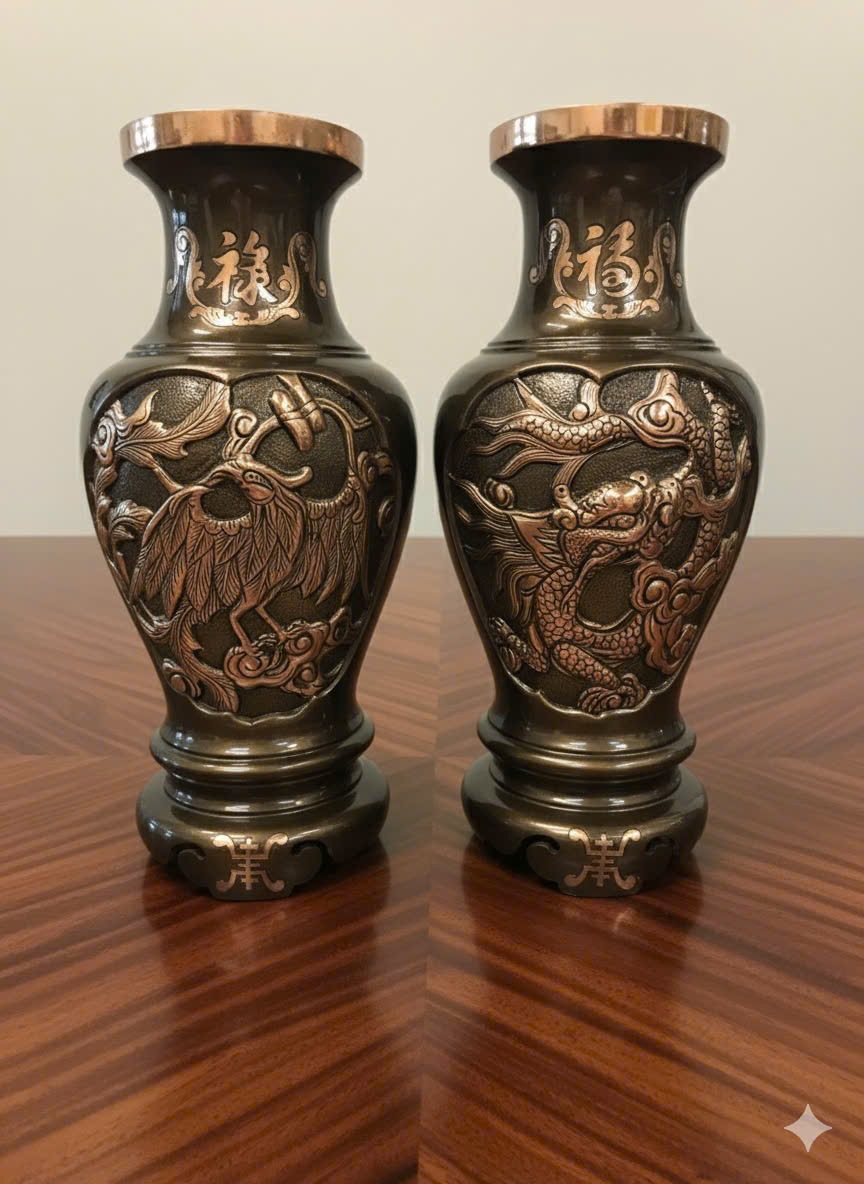 Lọ hoa bằng đồng hoa văn rồng phượng đúc đồng đỏ 