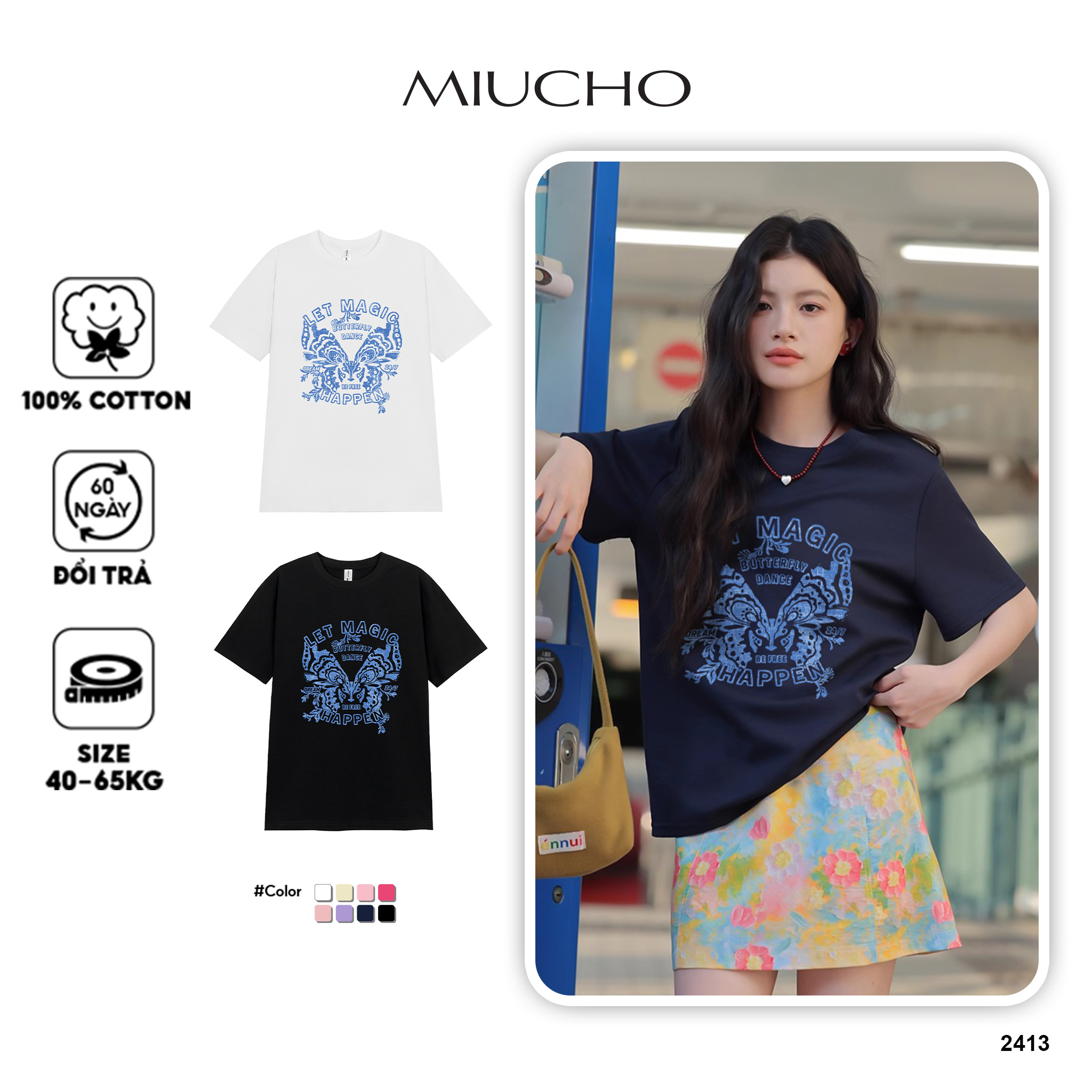 Áo thun nữ form regular ARD2413 Miucho Chic vải cotton thoáng mát phong cách cổ điển in mix