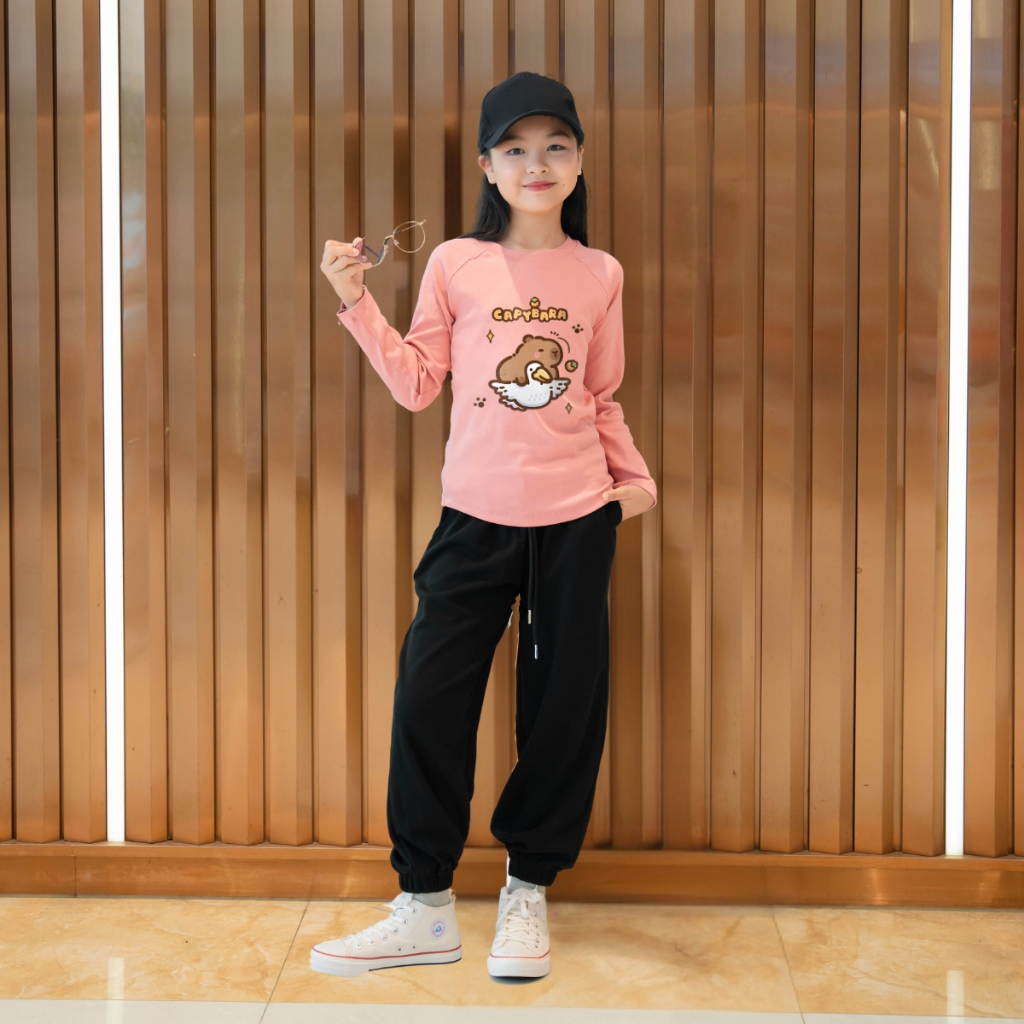 Đồ bộ dài tay bé gái chất liệu Thun Borip in hình BST Capybara - Loza Kids BA001