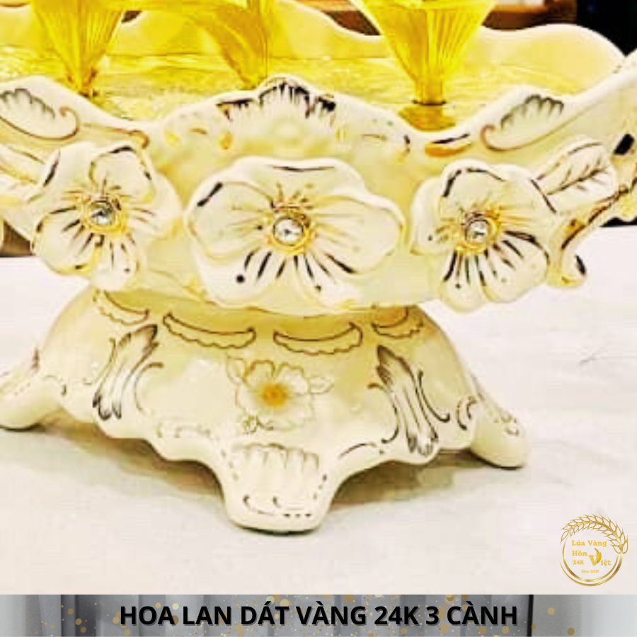 HOA LAN ĐỒNG MẠ VÀNG 24K CHẬU GỐM TRẮNG 3 CÀNH_thumbnail_4