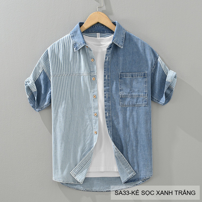 SA33 - Áo sơ mi nam kẻ sọc xanh trắng phong cách Hồng Kông, tay ngắn, chất cotton thoáng mát