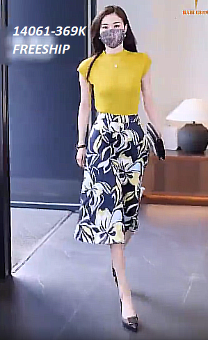 14061-Set áo tay ngắn cổ cao kèm chân váy hoa ( áo thun pc gen, váy lụa in)FREESHIP_thumbnail_0