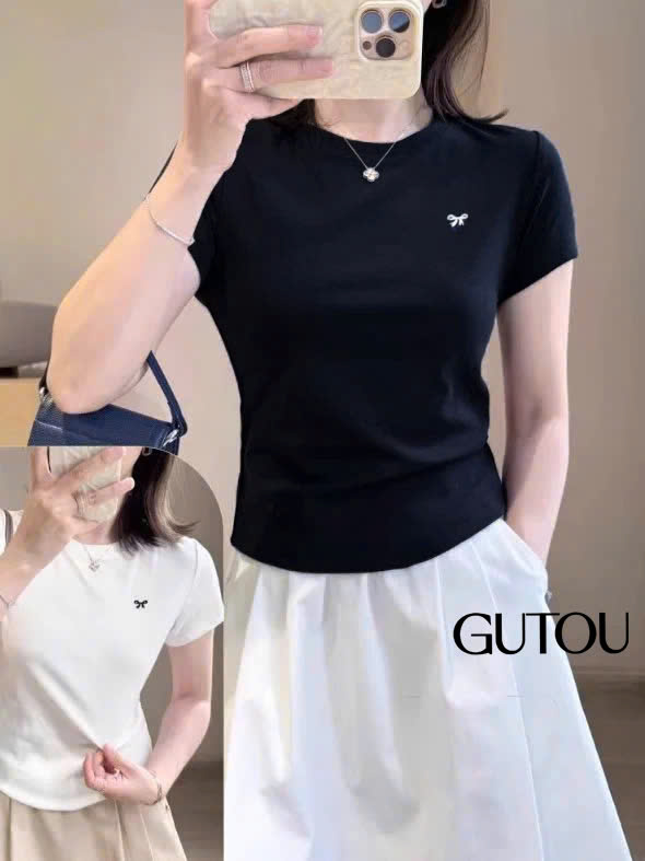 [ GUTOU ] Áo Thun Ôm Basic Thêu Nơ_thumbnail_2