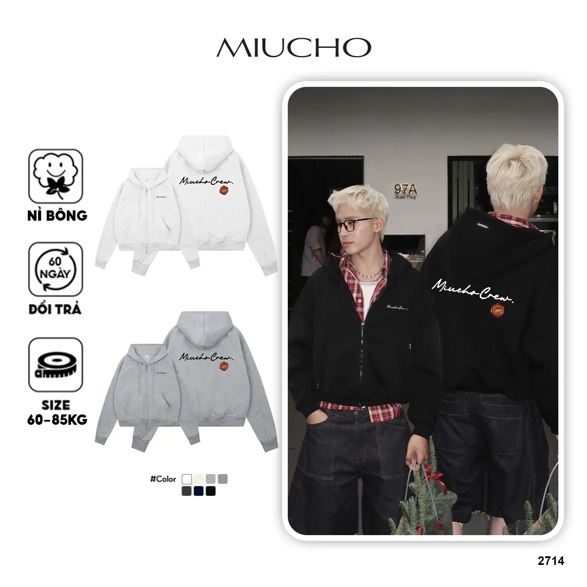 Áo hoodie zip boxy unisex Miucho nỉ 2 da cao cấp thoáng mát local brand basic dễ phối đồ in mix 2714