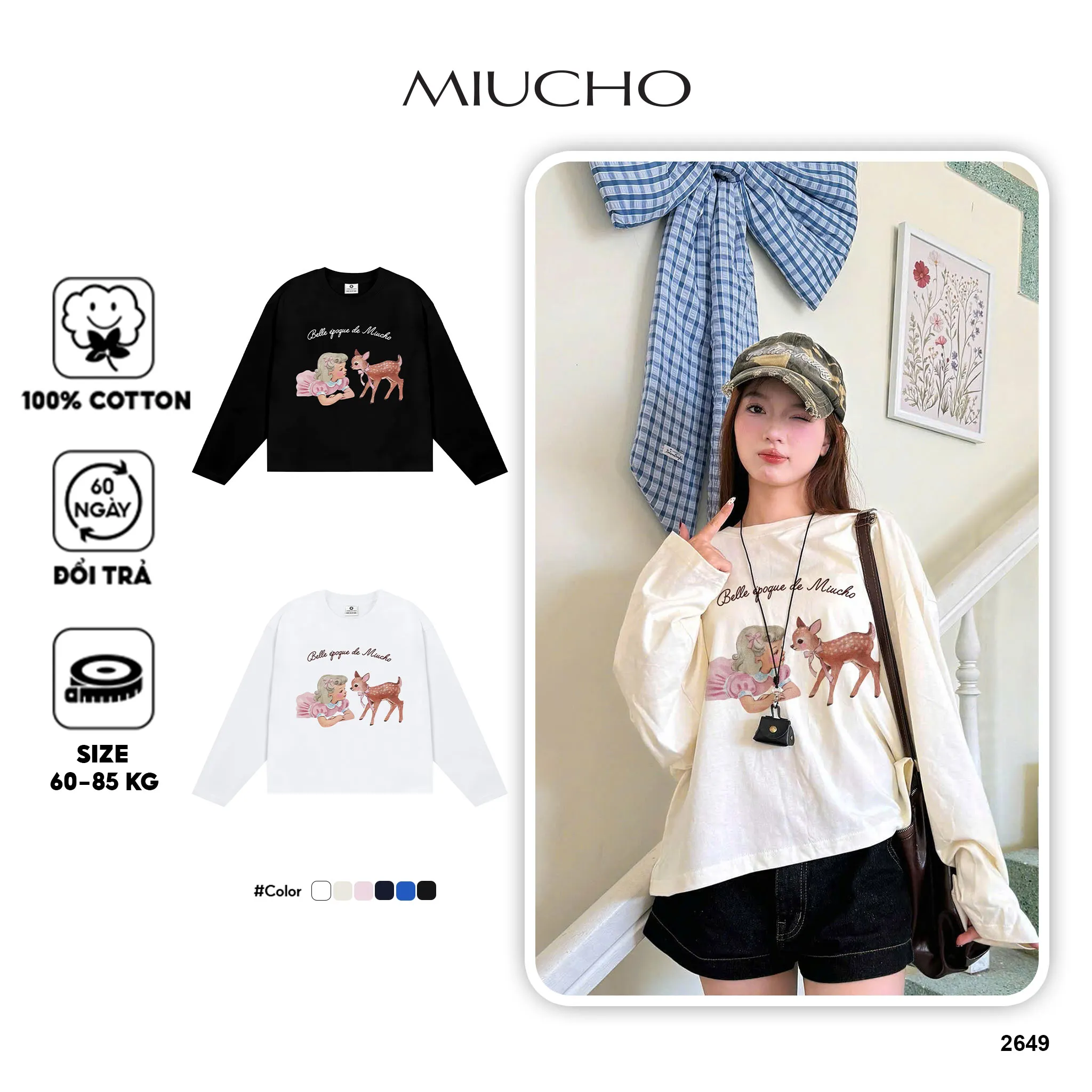 Áo tay dài boxy Miucho cotton co giãn 2C cổ tròn in hình dễ thương phong cách vintage 2649