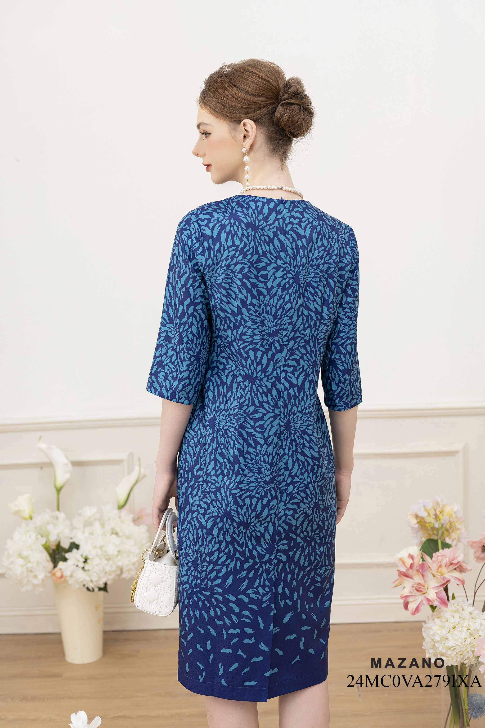 Váy Đầm suông Vải thô Hoạ tiết cách điệu Cổ tròn Tay lỡ Dài đến bắp chân_thumbnail_5