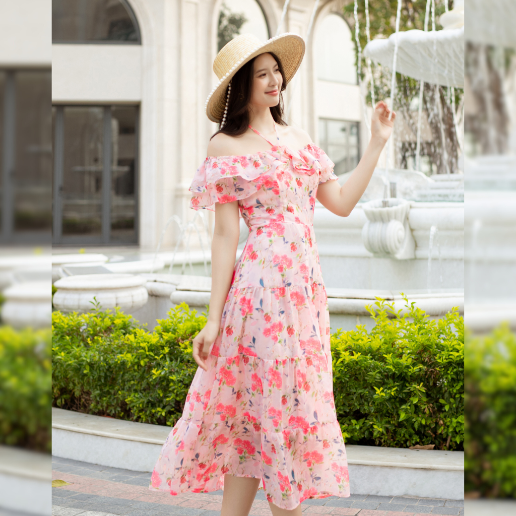Đầm maxi hoa trễ vai bèo cột nơ xinh xắn 2in1_thumbnail_16