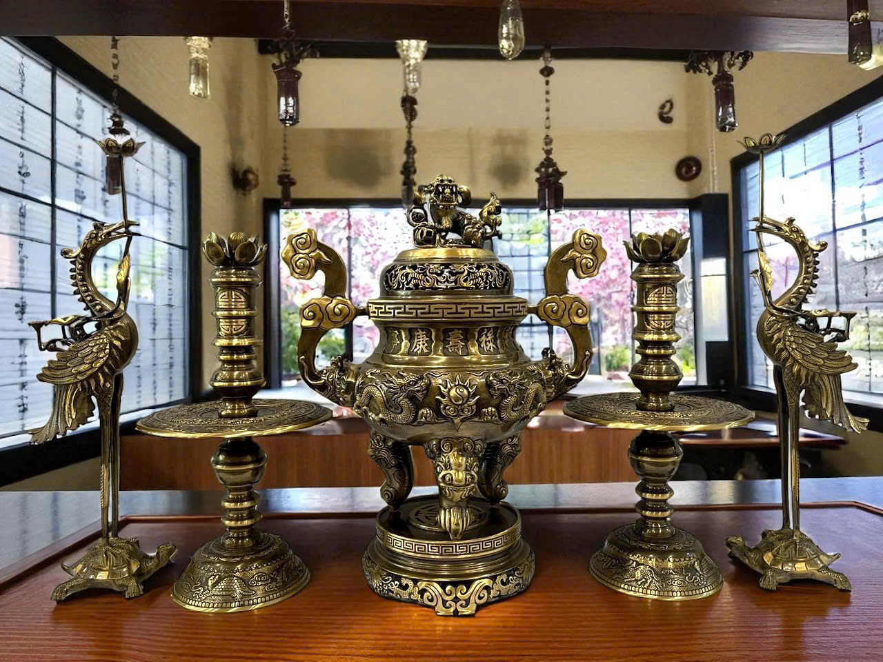 Bộ ngũ sự rồng đúc đồng vàng màu giả cổ cao 70cm 