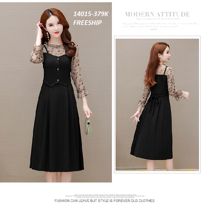 14015-Đầm xòe tay lửng phối voan hoa  cổ nhún viền ( thun mịn , voan in)FREESHIP_thumbnail_0