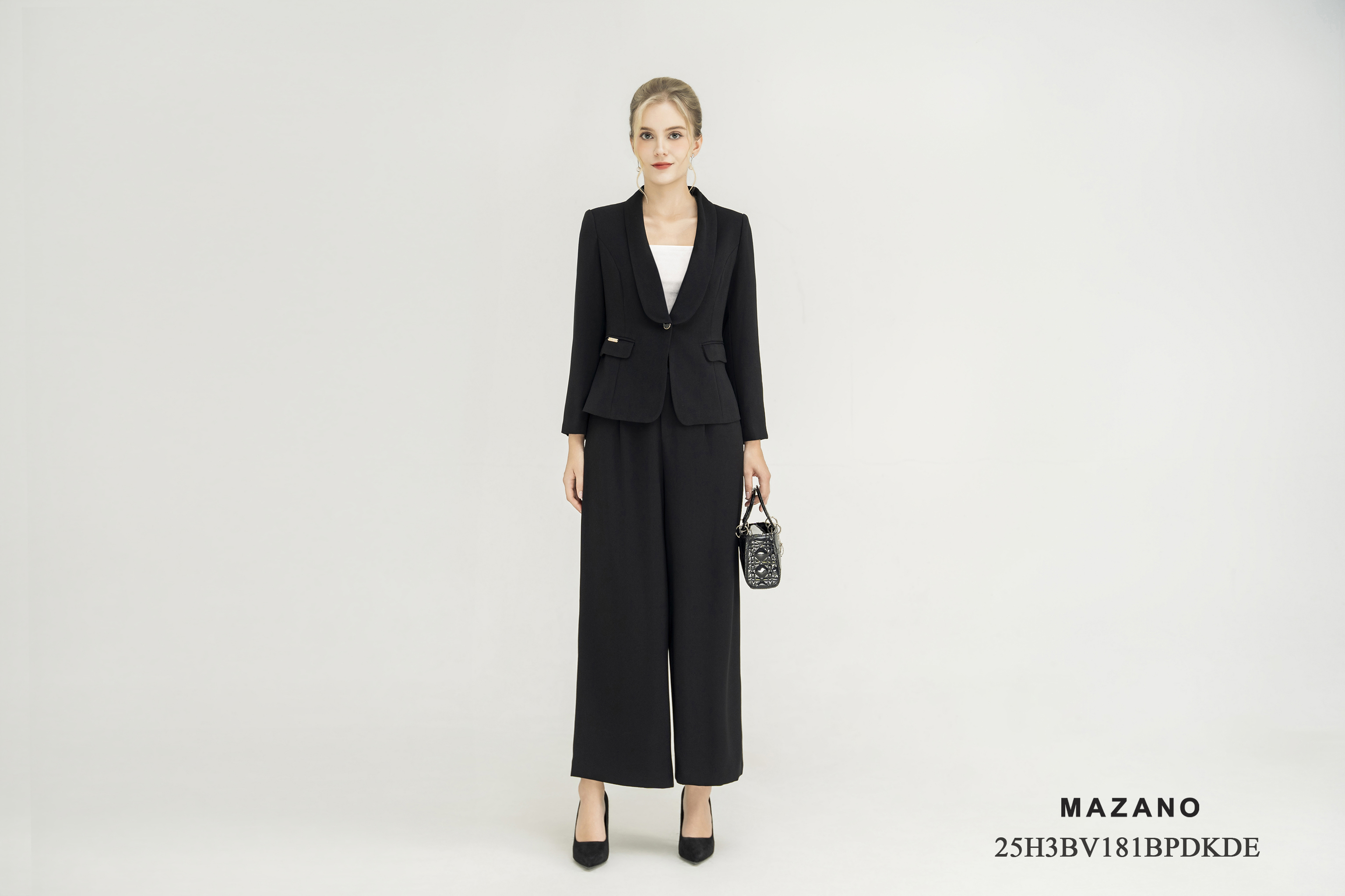 Bộ vest suông vải thô dày màu đen Cổ sang trọng Tay dài Dài áo qua eo,quần dài đến mắt cá_thumbnail_1