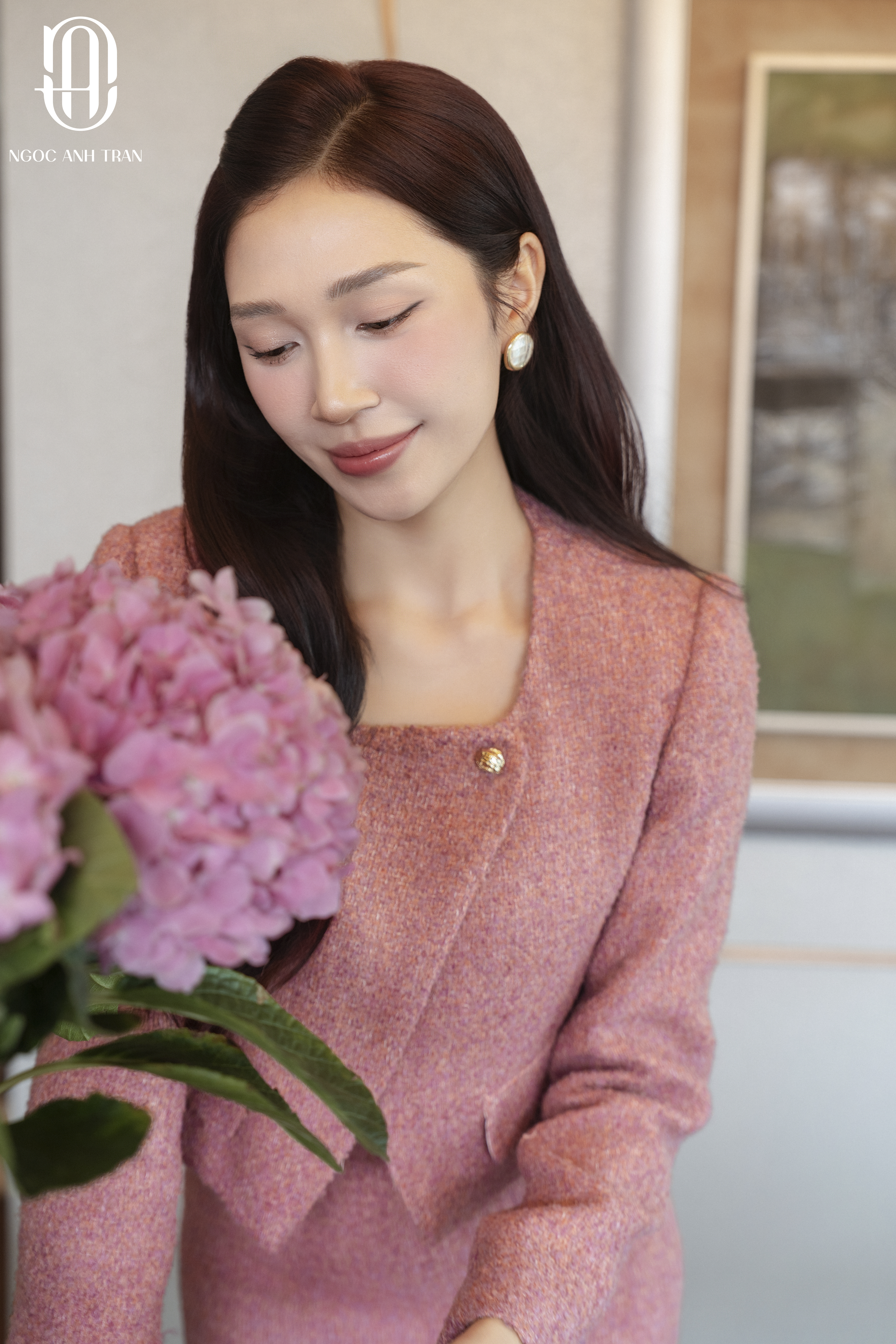 A244 - Áo kiểu hồng mận dài tay một cúc