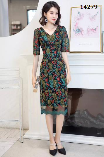 14279-Đầm body  suông ren tay lở in hoa xanh lá ( ren, lót)_thumbnail_3