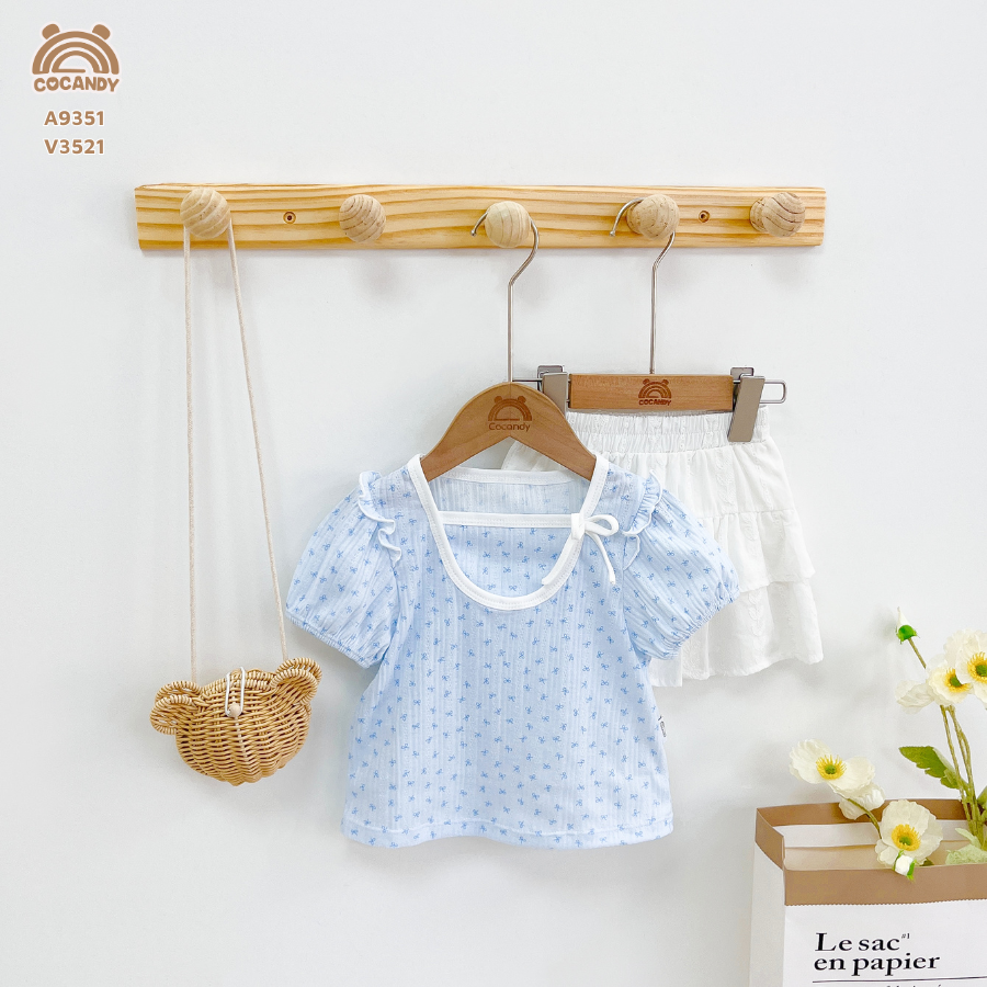 Áo cộc XANH DƯƠNG nơ xanh cổ nẹp viền tròn